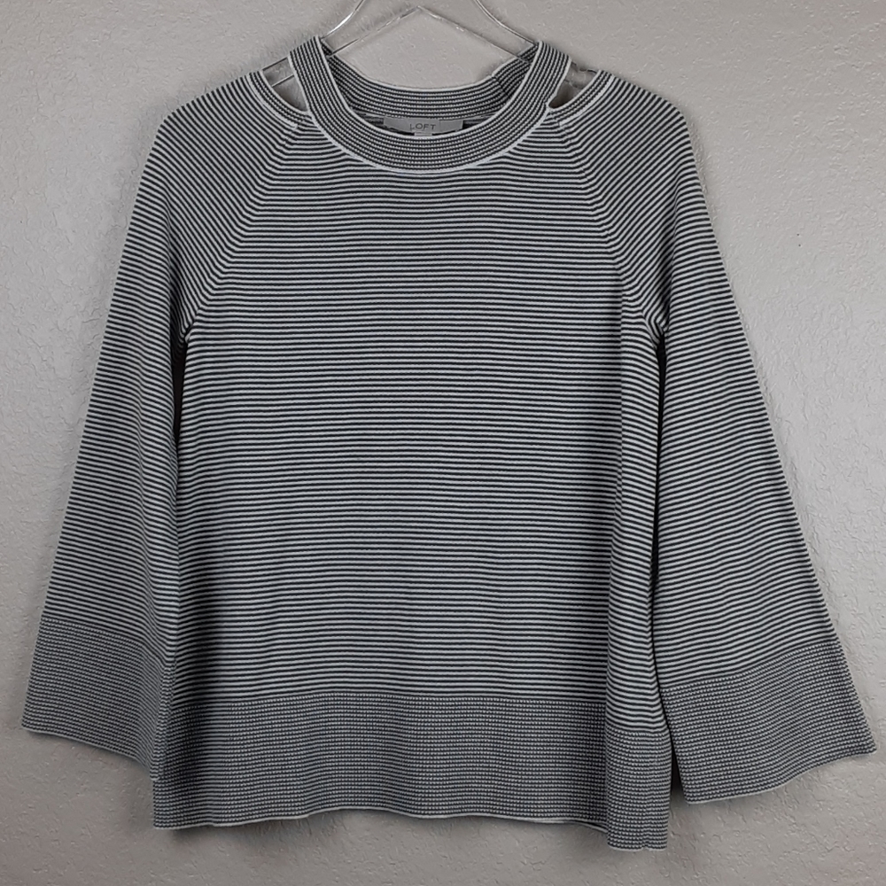 Loft Cut Out Collar Flare Sleeve Stripe Sweater